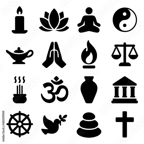Harmony Symbols: A collection of simple and elegant icons representing various spiritual elements like peace, meditation, and balance, offering a glimpse into diverse belief systems and practices.
