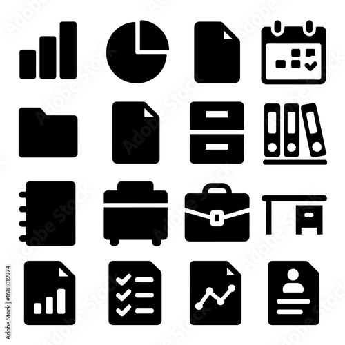 Organized Office Essentials: A meticulously curated collection of icons representing the vital components of office administration and project organization.