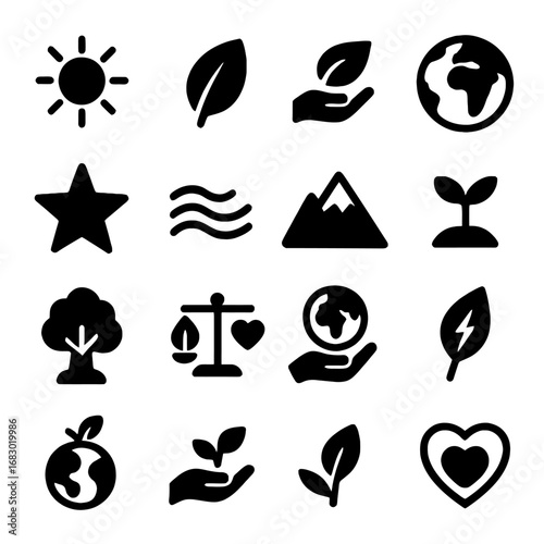 Iconic Ecology: A series of minimalist vector icons symbolizes core environmental values, showcasing nature's harmony and the importance of conservation through artful symbology.