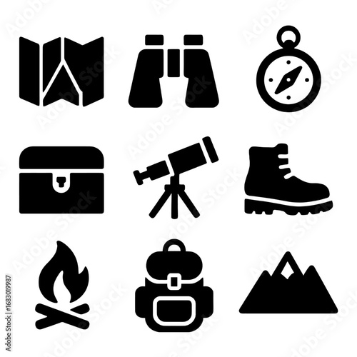 Exploration Tools Collection: Illustrated selection of essential tools for adventure, including a detailed map, powerful binoculars, and a reliable compass to guide exploration.
