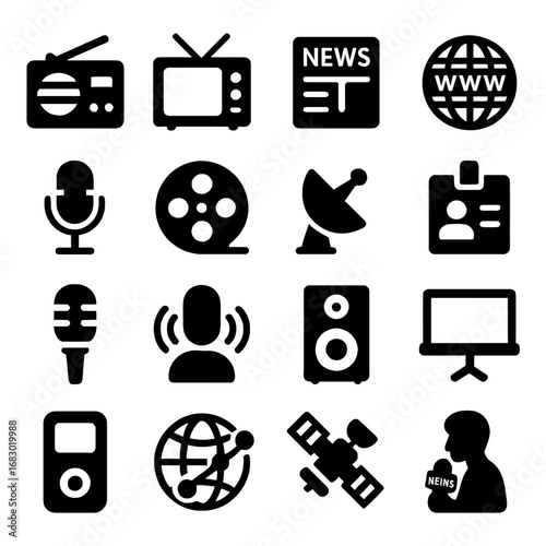 Iconic Media Elements: A collection of meticulously crafted black and white icons, depicting essential elements of media, broadcasting, and communication for a modern and intuitive design.