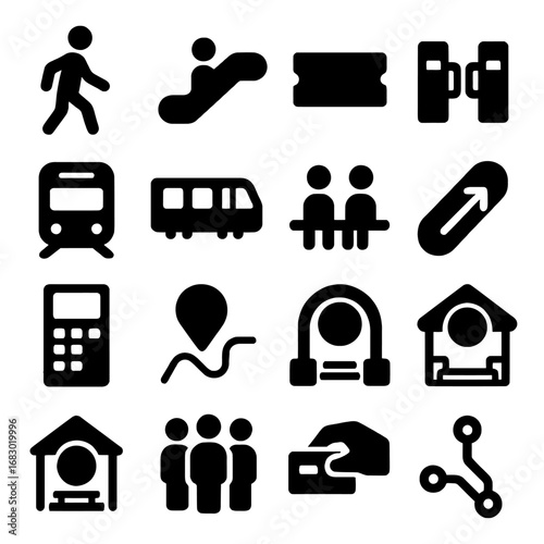 Railway Station Icons: A cohesive set of vector icons representing various aspects of train travel and station navigation, meticulously designed in a clean.