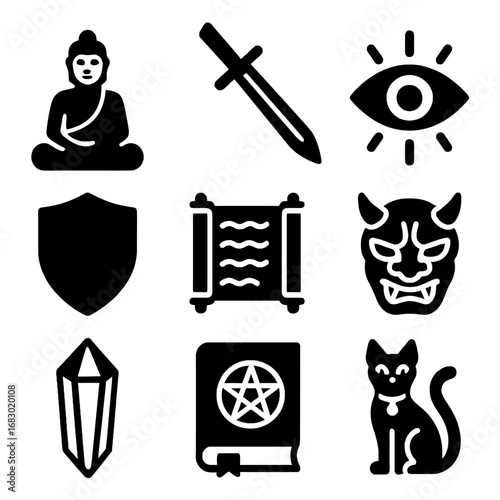 Esoteric Symbols of Mysticism: A curated collection of iconic symbols including Buddha, sword, all-seeing eye, shield, scroll, mask, crystal, spellbook, and cat.