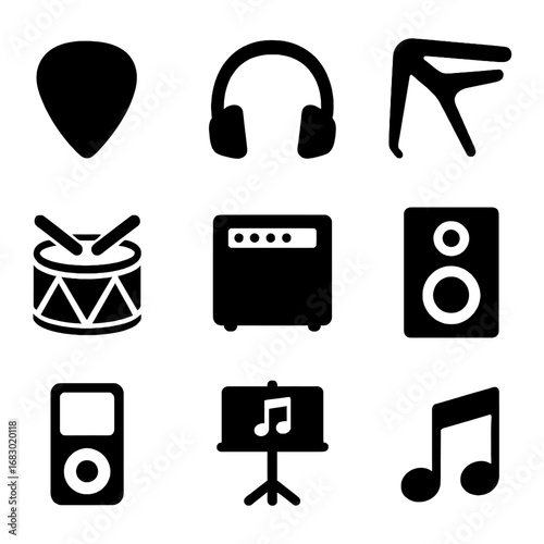 Musical Melodies: A black and white illustration of an array of musical elements, from instruments to notes, composing a visual harmony