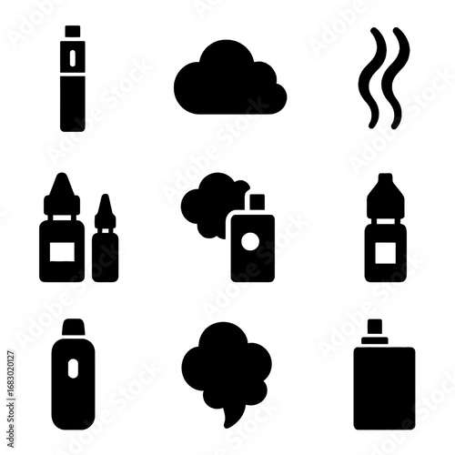 E-cigarette Icons and Vape Accessories: A collection of monochrome icons depicting various vaping devices, clouds of vapor, and e-liquid bottles, a visual guide to the world of electronic cigarettes.