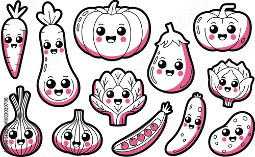 Cute kawaii vegetables with happy faces and pink accents