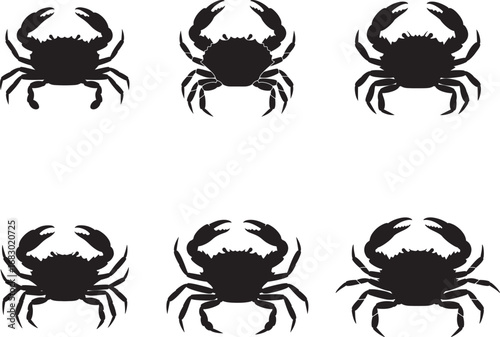 Six stylized black crab silhouettes with textured detail on a white background