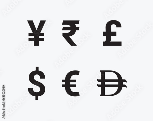 A complete set of international currency signs including dollar, euro, pound, yen, rupee, and crypto symbols in vector EPS format. Perfect for finance, banking, forex, and business design