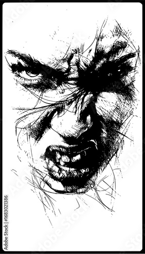 Fierce abstract portrait captures raw emotion and intense expression with bold ink strokes