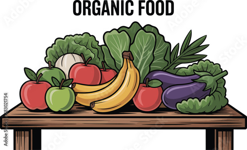 Assortment of fresh organic fruits and vegetables displayed on a wooden table