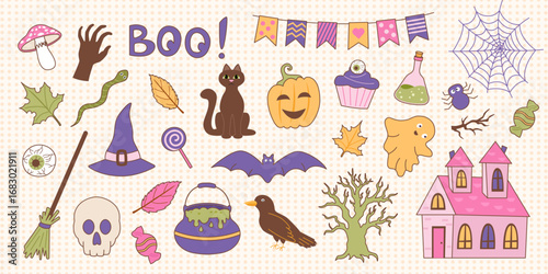 Set of Halloween objects. Halloween collection of elements. Vector flat cliparts in retro style.