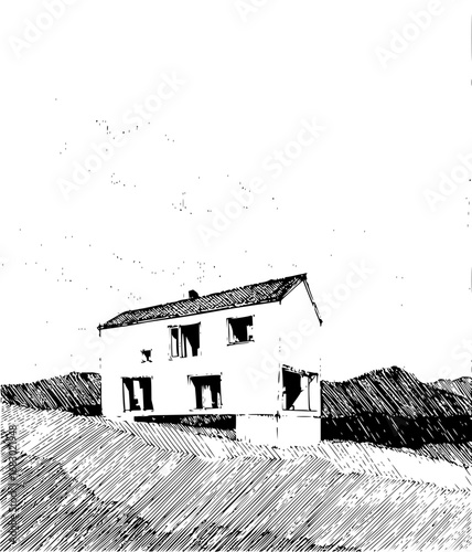 Stunning modern house design sketch with architectural lines and scenic landscape