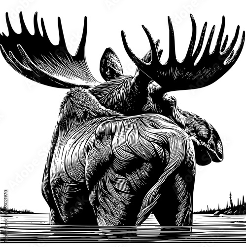 Majestic bull moose with impressive antlers stands majestically in tranquil water, showcasing wild nature's grandeur.