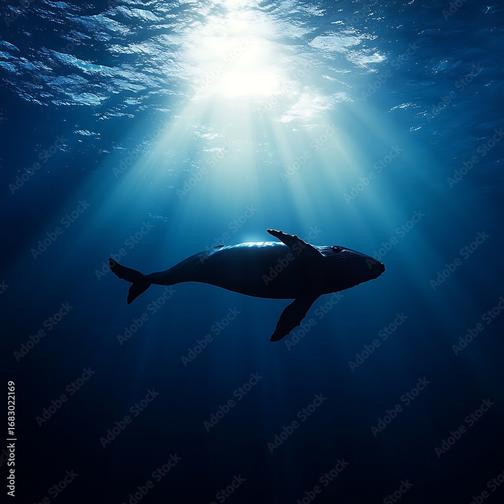 Naklejka premium Gorgeous whale glowing gracefully under sunlight beams beneath ocean surface picture