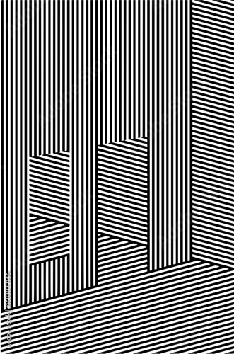 Dynamic optical illusion with striking black and white striped geometric patterns creating depth and movement