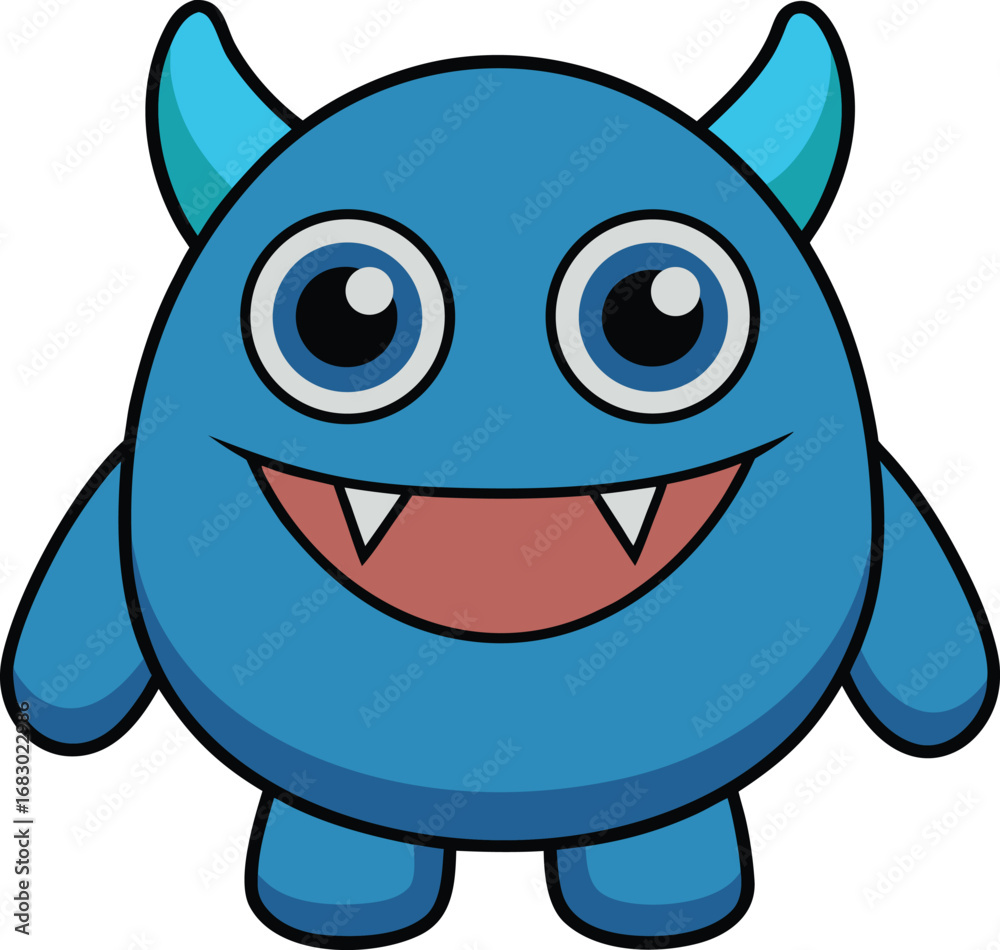 Fototapeta premium a cute blue monster cartoon vector illustration. perfect for kids design and creative projects. the monster is smiling and has big eyes and horns. it is a funny and happy character.