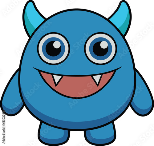a cute blue monster cartoon vector illustration. perfect for kids design and creative projects. the monster is smiling and has big eyes and horns. it is a funny and happy character.