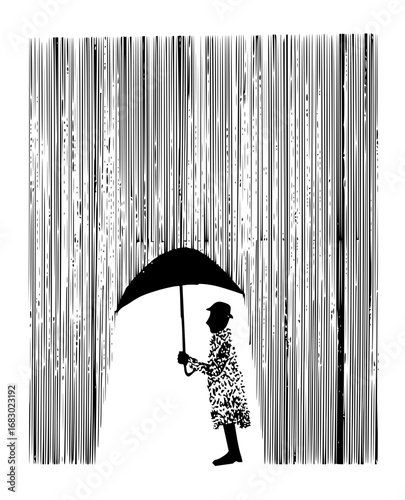 Solitary figure braves heavy rain under umbrella, seeking shelter amidst abstract vertical lines