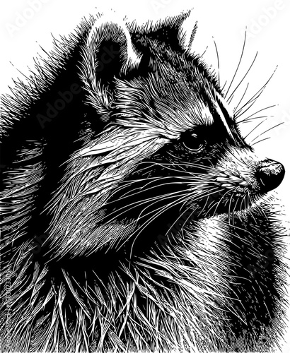 Detailed black and white ink sketch of a raccoon's expressive face, capturing its curious gaze and textured fur.