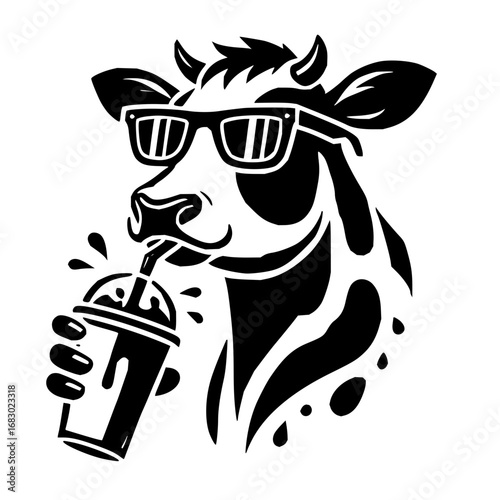 Cool cow wearing sunglasses sips a refreshing drink with straw, perfect for summer vibes