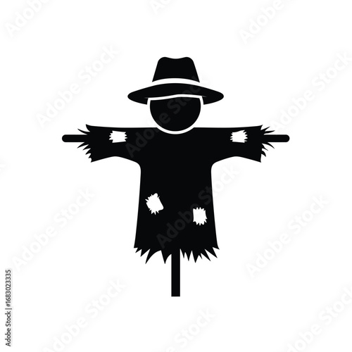 Black scarecrow icon with hat and patches white background