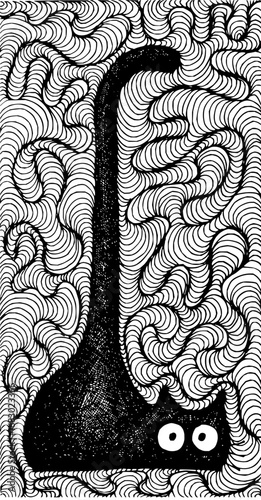 Whimsical black cat peeking from abstract pattern, playful doodle art, mysterious creature hiding