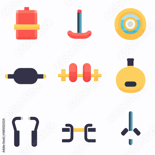 Flat minimalist vector fitness icons set including water bottle, push up bar, target, roller, dumbbell, kettlebell, jump rope, barbell, and resistance bands illustrations