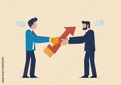 Two business men collaborating holding red upward arrow puzzle piece teamwork partnership growth success concept flat vector illustration