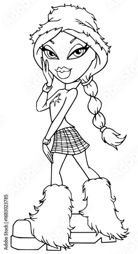 Stylish girl in trendy outfit and fluffy boots strikes a pose with confidence and flair