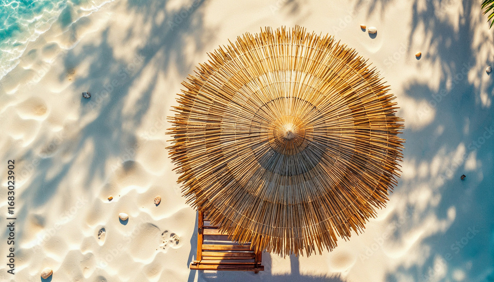 Obraz premium Top-down close-up of a straw beach umbrella with sun lounger on sand 
