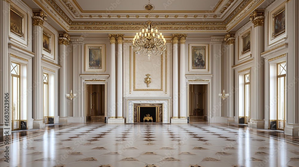 Obraz premium A grand interior space featuring elegant architecture, ornate decorations, and a chandelier, creating a luxurious atmosphere.