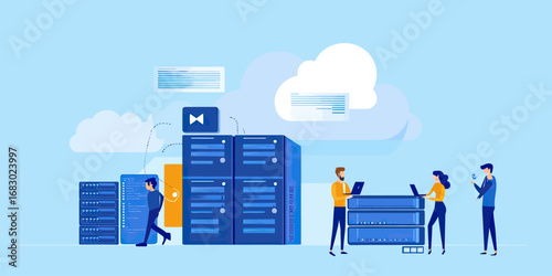 Business team managing data servers with cloud computing connection and digital technology network concept in flat vector style