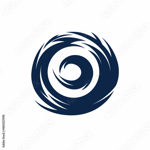 Minimalist dark blue spiral hurricane cyclone logo icon with sharp swirling vortex design on white background for modern branding identity and weather concept