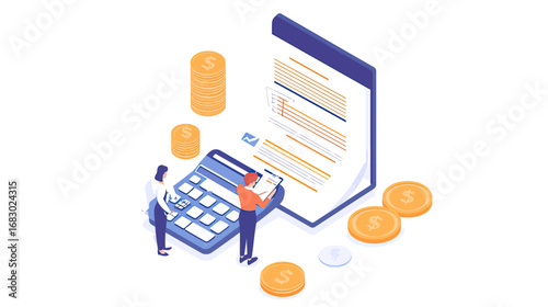 Isometric financial calculation concept with people using calculator and reviewing large invoice document and stacked coins for accounting and tax return analysis in flat minimalist style