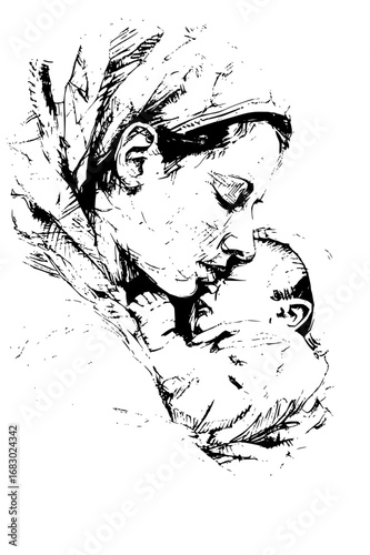 Tender moment captured between mother and baby, a heartwarming sketch of pure love and connection.