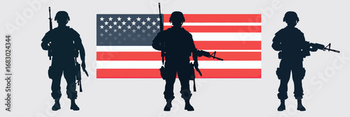 Silhouettes of three soldiers with rifles standing in front of large United States flag in flat minimalist vector style for patriotic military concept