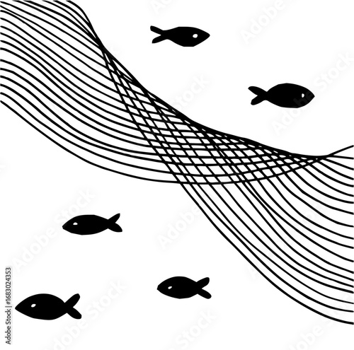 Charming school of fish swimming through abstract wavy water currents, simple and elegant design