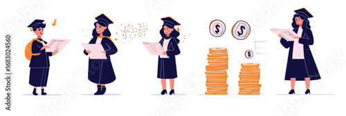 Female students in graduation caps holding diplomas and stacks of coins with dollar symbols representing education investment and financial success concept flat vector illustration