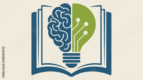 A book with a brain and lightbulb hybrid representing knowledge innovation and technology together nicely