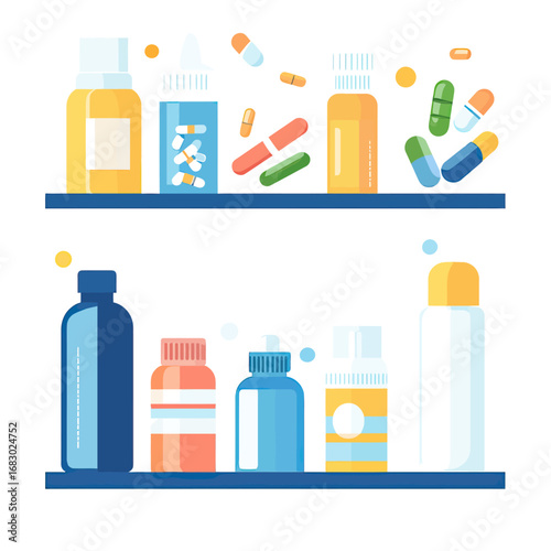 Colorful medicine pill bottles and capsules on two shelves in flat minimalist pharmacy vector illustration with transparent labels and varied shapes and sizes of containers