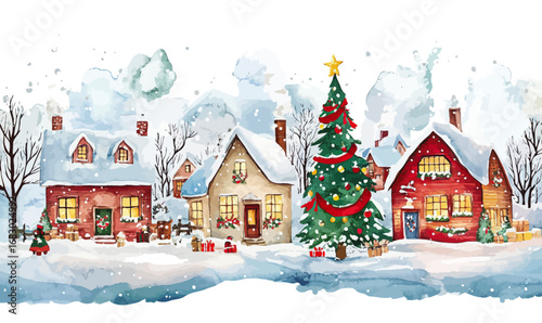 Winter village with snow covered cozy houses and decorated Christmas tree in festive watercolor landscape scene with gifts and lights