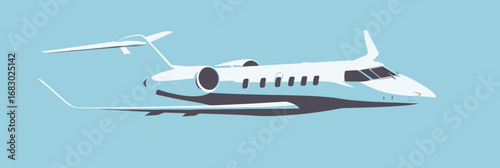 Private jet airplane flying in clear blue sky with sunlight reflections and minimalist flat vector style illustration