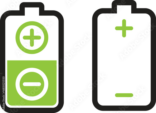 Two battery icons one charged one empty isolated on transparent background