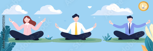 Business people meditating together outdoors on grass in lotus position practicing mindfulness and stress relief for workplace wellness and balance