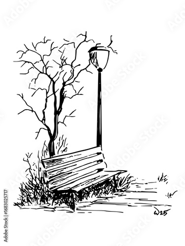 Serene park bench and bare tree under a lamppost, evoking quiet contemplation and autumnal mood.