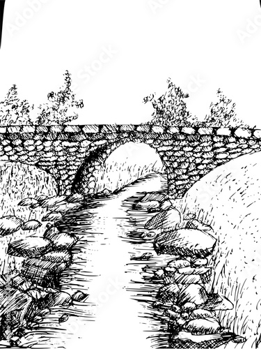 Charming stone bridge arches over a babbling brook with lush trees and textured banks
