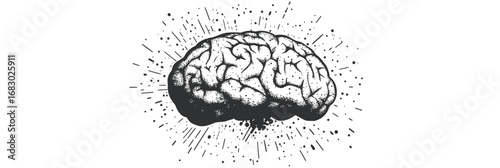 Detailed monochrome human brain illustration with halftone dotted shading and radiating lines vintage textured style for science and mind concepts