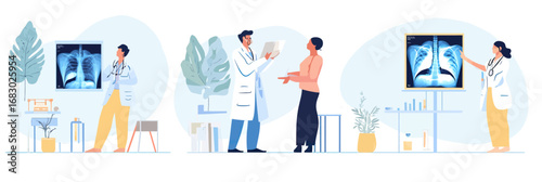 Female doctor analyzing chest x ray and explaining lung health diagnosis to patient in modern medical office digital health care concept flat vector illustration