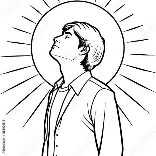 Minimalist Portrait of Man in Sunlight with Radiant Halo, Spiritual Awakening and Serene Contemplation