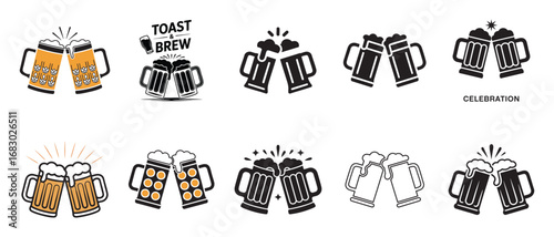 Beer mugs clinking celebration icons, cheers vector design set